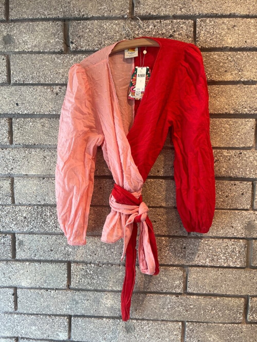 Colorblock Wrap Blouse With Puff Sleeves & Textured Dotted Fabric Pink & Red Tie - Picture 12 of 13